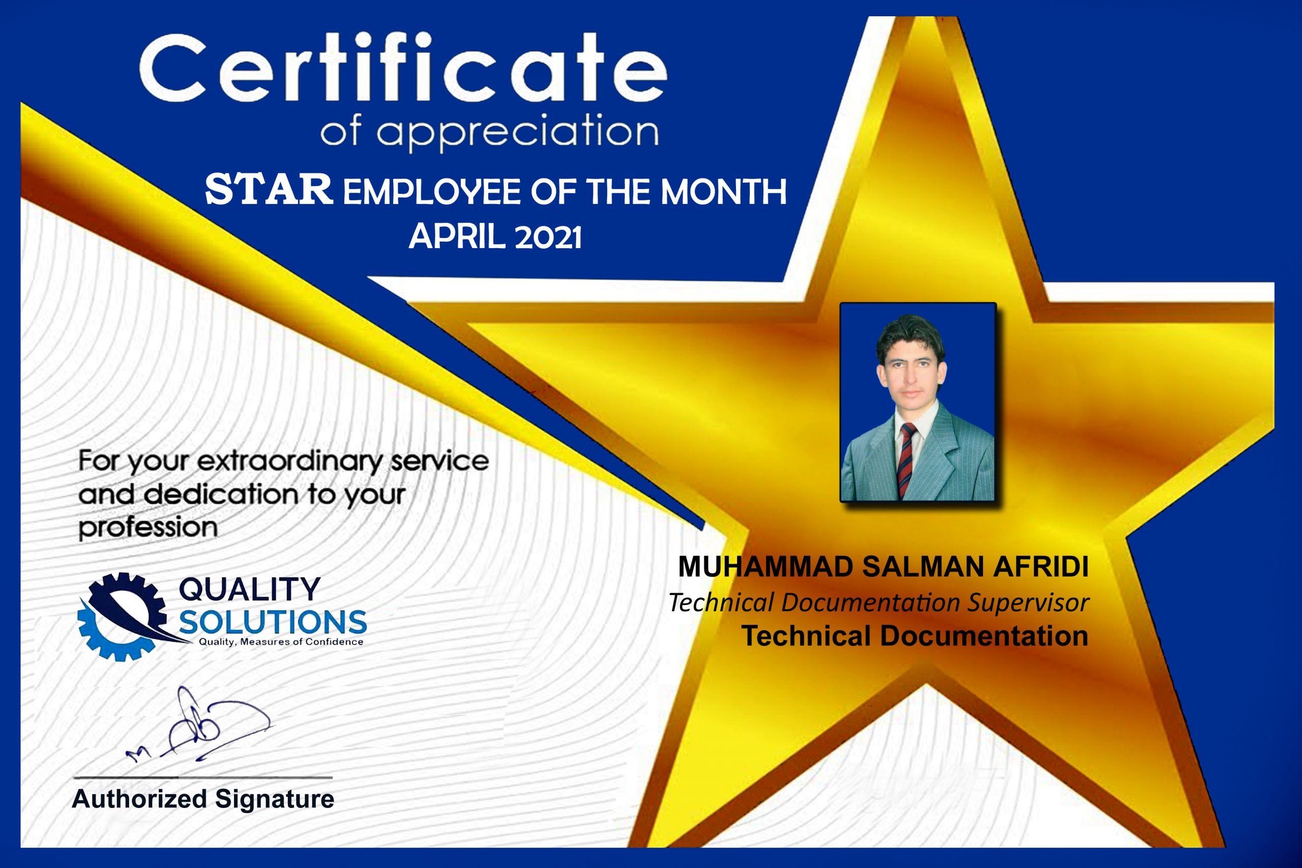 Appreciation Certificate Technical Documentation Supervisor